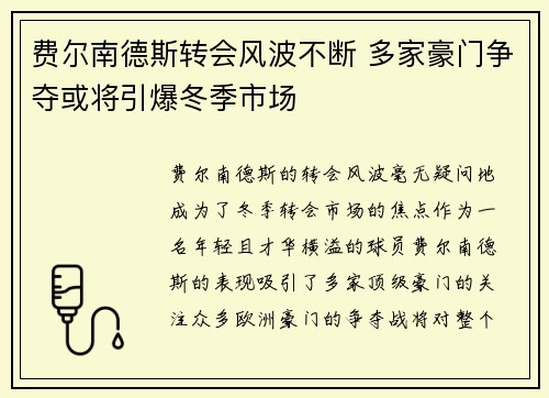 费尔南德斯转会风波不断 多家豪门争夺或将引爆冬季市场